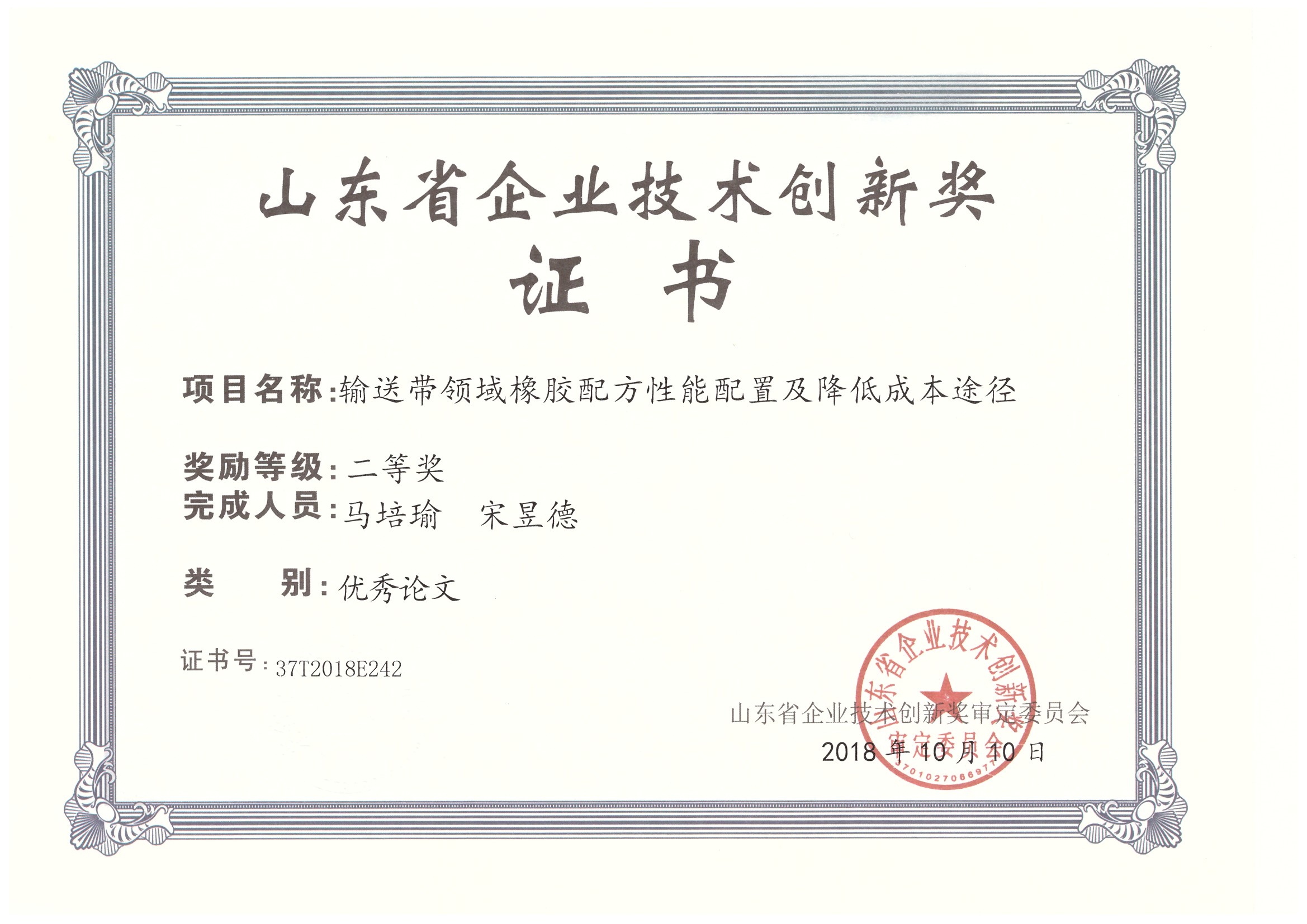 山东省企业技术创新奖证书